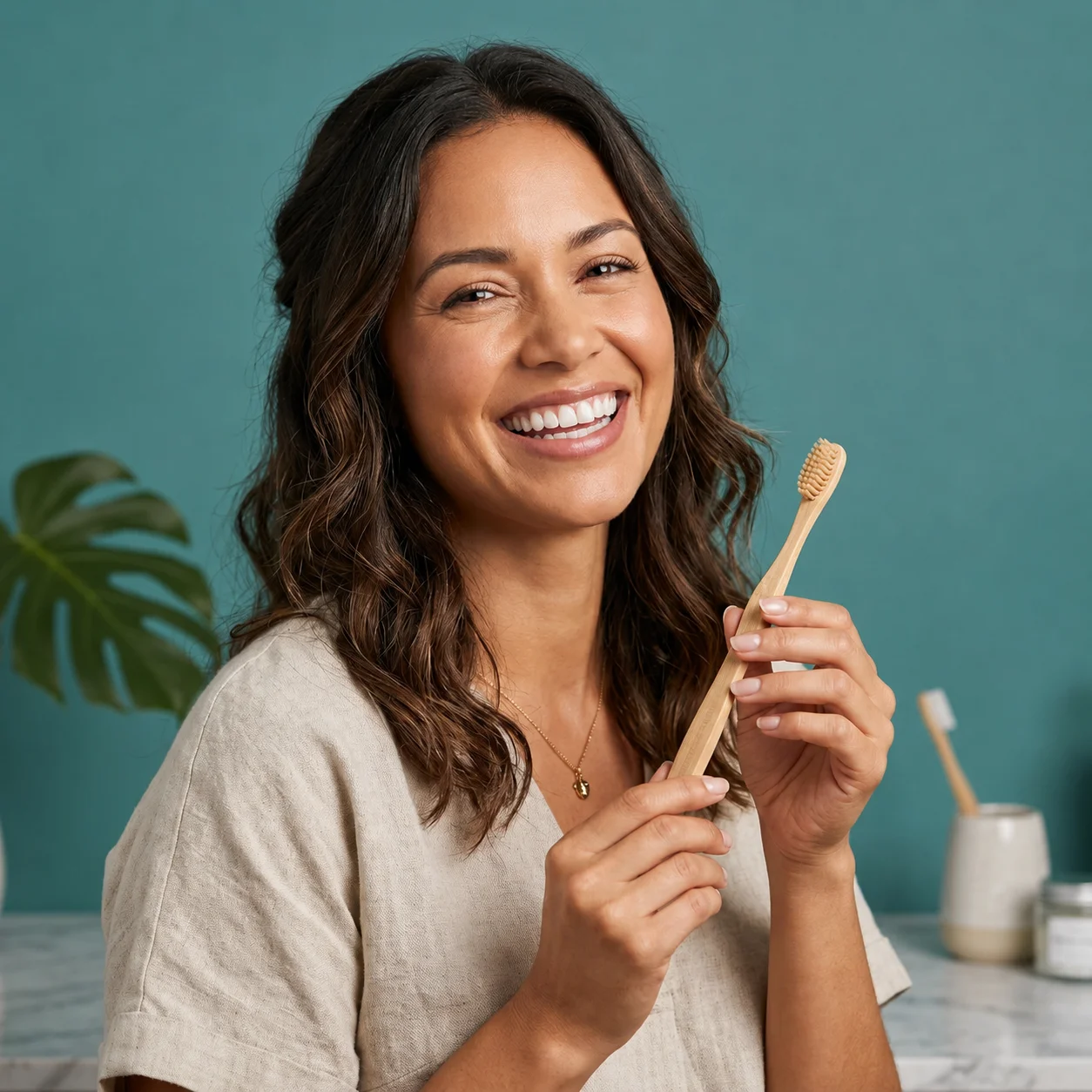 Smiling woman with a wooden toothbrush